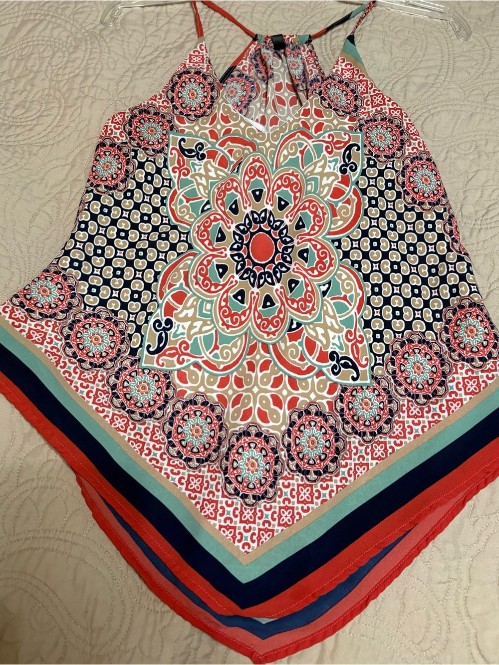 Boho Medallion Handkerchief Hem Womens Tank Top - Coral Multi